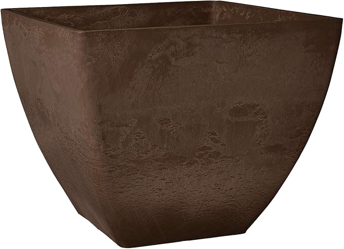 PSW Pot Collection 16x13 inch Plastic/Stone/Wood Composite Square Planter – No Drainage Hole (Drillable), Modern Indoor/Outer Pot for Flowers, Foliage, Succulents, Fairy Gardens, Chocolate