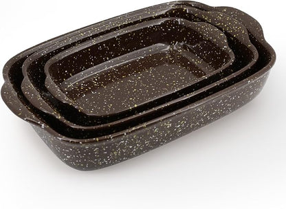 3-Pack Deep Rectangular Ceramic Baking Dishes, Heavy-Duty Oven-Safe Stoneware Casserole Pans for Lasagna Baking, High Heat Resistant Handcrafted Glazed Finish,Speckle Series(13.8''/12''/9.6'' Brown)