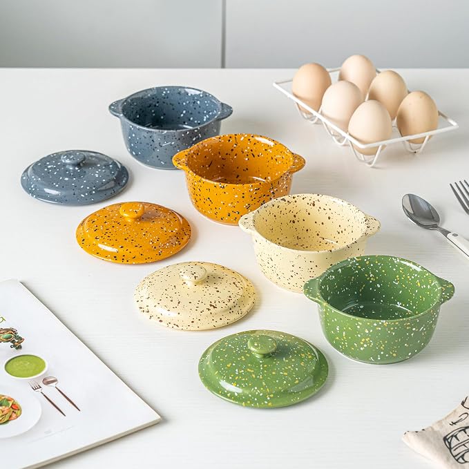 4-Piece 10 Oz Mini Ceramic Cocotte Set with Lids & Handles - Oven-Safe Casserole Dishes Ideal for Souffle, Soup, Cobbler & More, Stoneware Baking Ramekins, Yellow