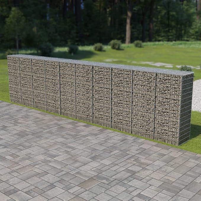 Galvanized Steel Gabion Wall with Covers, Gabion Mesh Wire Wall Panel Galvanized Steel Garden Stone Wire Basket Fencing Patio Decorative Fence, 236"x19.7"x59",-182