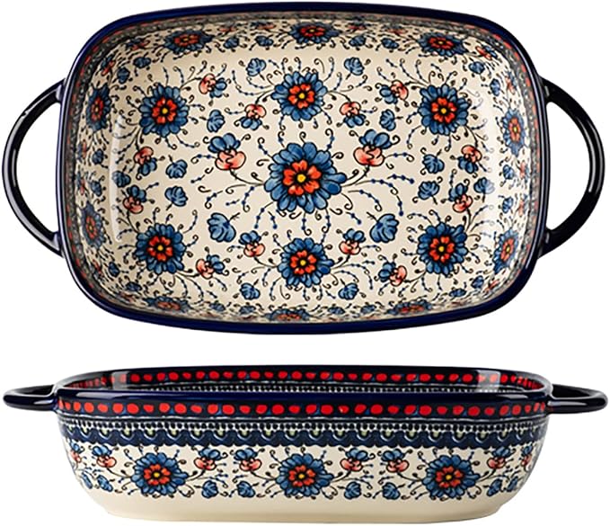 Vintage Style Pottery Bakeware Ceramic Casserole Dish Baking Pan Lasagna Pans Baking Dish with Handles for Oven/Cooking/Kitchen-1 PCS, Large Capacity, 60 OZ
