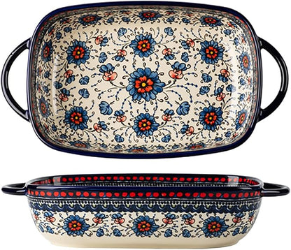 Vintage Style Pottery Bakeware Ceramic Casserole Dish Baking Pan Lasagna Pans Baking Dish with Handles for Oven/Cooking/Kitchen-1 PCS, Large Capacity, 60 OZ