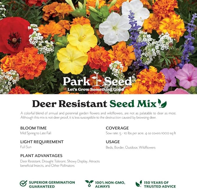 Park Seed Grow Your Own Vibrant Annual and Perennial Wildflower Garden Seed Mixture, Easy to Grow Varieties for Pollinators and Spring Gardens - Deer Resistant Mix, 50 lbs