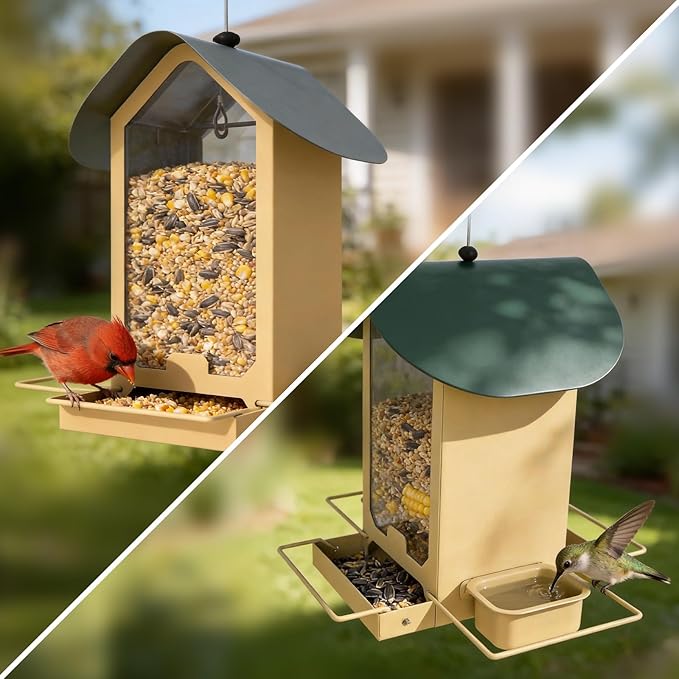 FlowaFoli Metal Bird Feeders for Outdoors | Both Sides Removable Feeding Troughs for Easy Cleaning | 360 Degree Perch | Perfect for Attracting Wild Birds