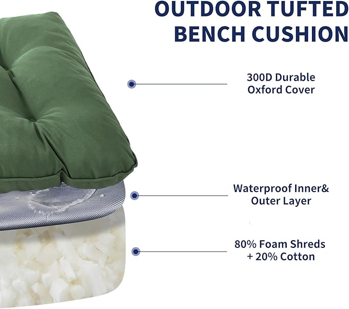 IPYNBAP Outdoor Bench Cushion, 48x18x5 Inch, Waterproof Bench Cushion for Outdoor/Indoor Furniture, Tufted Patio Bench Seat Cushion, Fade Resistant Outdoor Cushions for Porch Swing Couch, Dark Green
