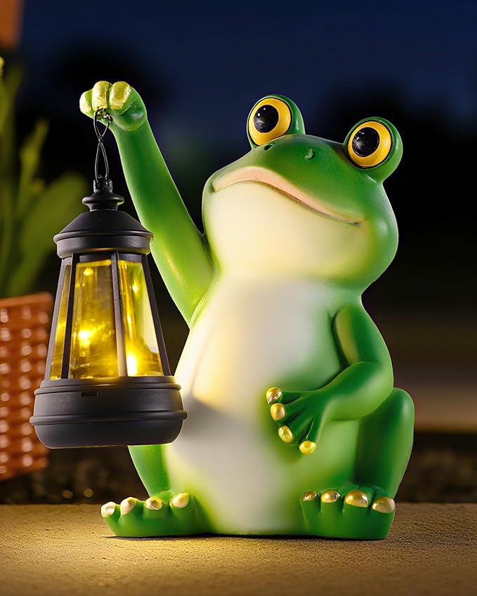 Solar Frog Garden Statue Light, Outdoor Waterproof Decorative Lantern Figurine, Cute Yard Art for Garden Patio Pond Balcony Porch Decor, Housewarming & Gardening Gifts for Women Grandma Mom