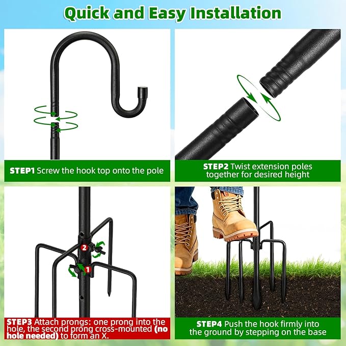 94" Heavy Duty Shepherds Hooks for Outdoor, Bird Feeder Pole with 5 Prong Base, Adjustable Height Shepherds Hook for Hummingbird Feeder, Bird Feeder, Plant, Wind Chimes,Lanterns,Wedding Decor (1 Pack)