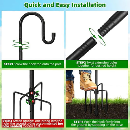 COCONUT 78" Heavy Duty Shepherds Hooks for Outdoor, Bird Feeder Pole with 5 Prong Base, Adjustable Height Shepherds Hook for Hummingbird Feeder, Bird Feeder, Plant, Wind Chimes, Lanterns (1 Pack)