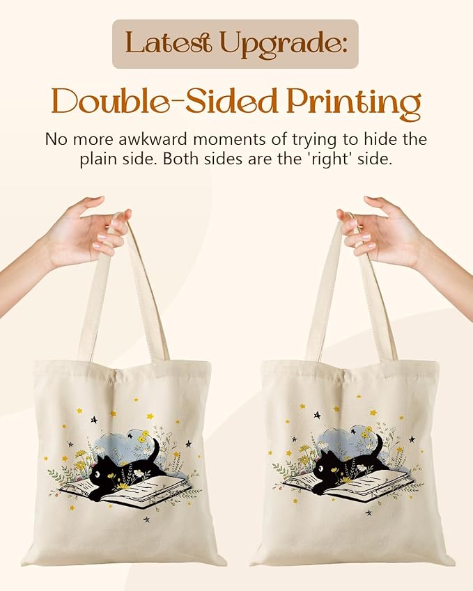 Miss Adola Canvas Tote Bag for Women – Aesthetic Canvas Bag with Zipper Cute Stylish Reusable Shoulder Totes for Shopping Work Daily Vacation, Cat Read