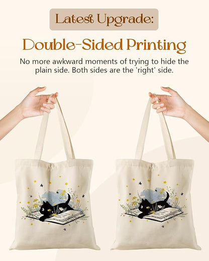 Miss Adola Canvas Tote Bag for Women – Aesthetic Canvas Bag with Zipper Cute Stylish Reusable Shoulder Totes for Shopping Work Daily Vacation, Cat Read
