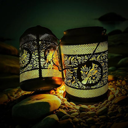 Solar Lantern with Hollow Metal Design, Garden Hanging Light, Copper Color for Outdoor Yard,Patio,Garden Decor (2)