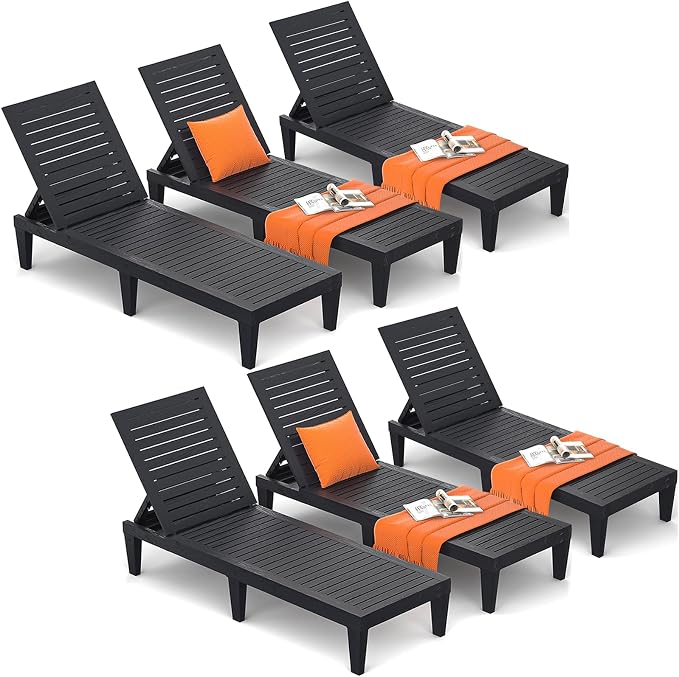Outdoor Chaise Lounge Chairs Set of 6 for Poolside Patio Outside | Resin Weather-Resistant Sun Lounger with 5-Position Backrest, Tanning Chair for Pool Sunbathing Outside Deck Beach, Black
