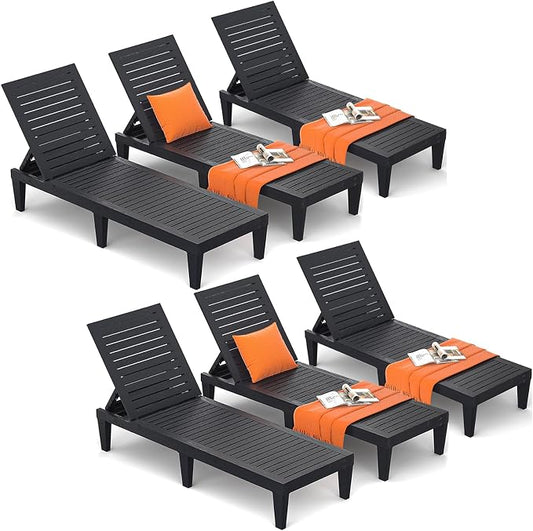 Outdoor Chaise Lounge Chairs Set of 6 for Poolside Patio Outside | Resin Weather-Resistant Sun Lounger with 5-Position Backrest, Tanning Chair for Pool Sunbathing Outside Deck Beach, Black