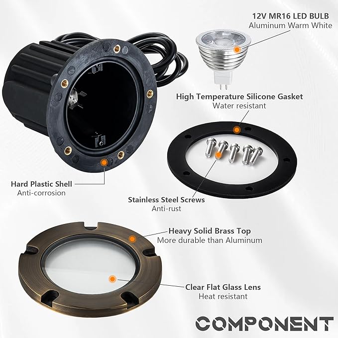 LumStory Brass Well Lights Landscape LED Low Voltage Landscape Lighting 12V Outdoor In Ground Lights for Pathway, Driveway, Deck and Garden, with MR16 GU5.3 Bulb 3000K Warm White (Flat Top)