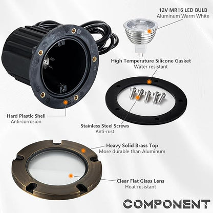 LumStory Brass Well Lights Landscape LED Low Voltage Landscape Lighting 12V Outdoor In Ground Lights for Pathway, Driveway, Deck and Garden, with MR16 GU5.3 Bulb 3000K Warm White (Flat Top)