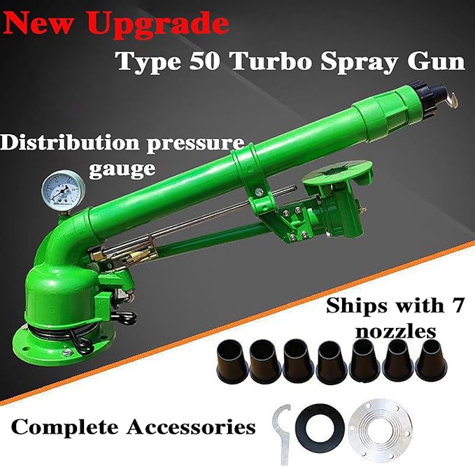 Farm Irrigation Sprinkler with Pressure Gauge, 2" Farm Irrigation Spray Gun, 360° Rotary Large Area Watering Spray, Flange Connection, for Farmland, Farm, Industrial Dust Removal