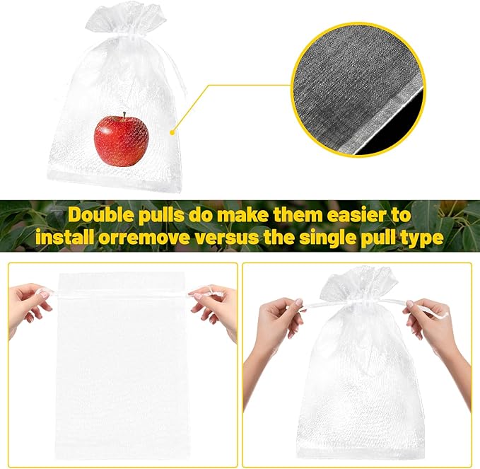 50Pcs Fruit Protection Bags, White Fruit Netting Cover Bags Drawstring Mesh Fruit Protectors Barrier for Apples, Tomatoes, Fruit Trees, Veggies Garden(8x12 Inch)