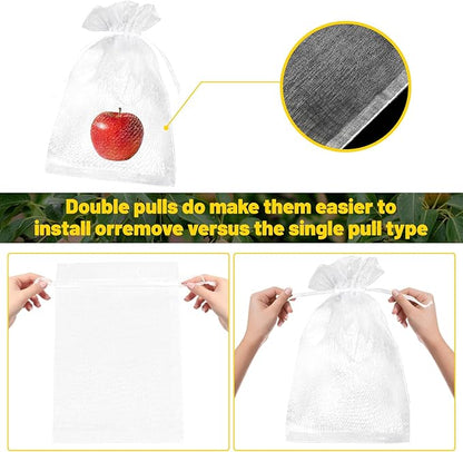 50Pcs Fruit Protection Bags, White Fruit Netting Cover Bags Drawstring Mesh Fruit Protectors Barrier for Apples, Tomatoes, Fruit Trees, Veggies Garden(8x12 Inch)