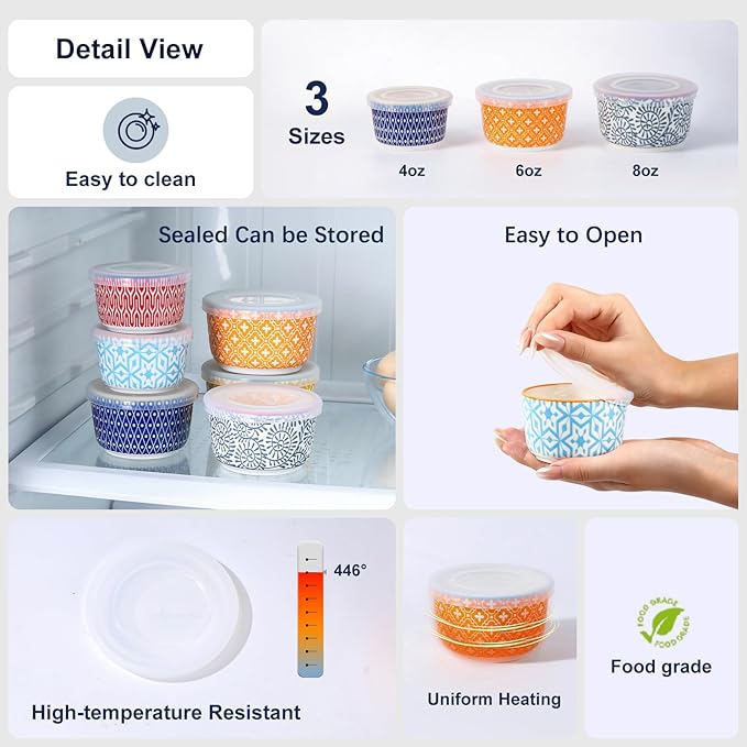 Selamica Ramekins with Lids, 8 oz Oven Safe Creme Brulee Ramekins with Covers, Souffle Dishes Pudding Custard Cups, Stackable Ceramic Small Ramekin Bowls Set for Baking, Dipping, Ice Cream, Set of 6, Assorted Colors