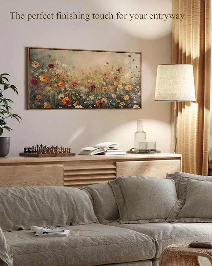 InSimSea Extra Large Framed Vintage Wall Art, Living Room Country Farmhouse Decor, Spring Flower Wildflower Landscape Canvas Prints, Retro Flowers Long Pictures for Bedroom Above of Bed, 20x40inch