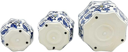 Galt International Blue & White w/Yellow Accent Round Fluted Floral Porcelain Ceramic Plant Flower Planter Pot Set of 3 (7.5", 10", 13") Garden Pots Chinese Asian Design