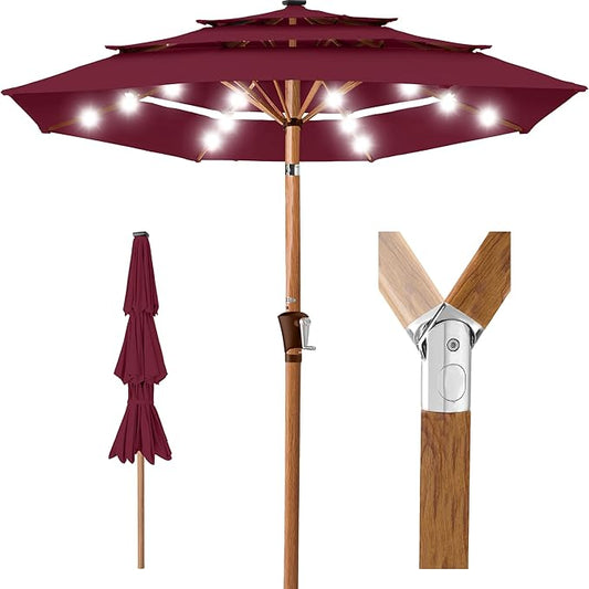 Best Choice Products 10ft 3-Tier Solar Patio Market Umbrella, Outdoor Sun Shade for Backyard, Deck, Poolside, Table w/Woodgrain Pattern, LED Lights, Tilt Adjustment - Burgundy