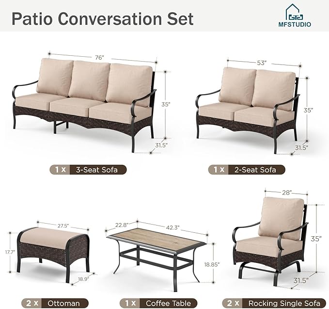 MFSTUDIO 7 PCS Outdoor Patio Furniture Set, Metal Outdoor Conversation Set, Rattan Wicker Patio Sectional with 2 x Rocking Single Sofa, 2 and 3-Seat Sofa, 2 x Ottoman, 1 x Coffee Table, Beige