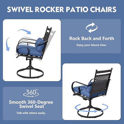 MELLCOM Patio Swivel Chair Set of 2, Heavy Duty Outdoor Dining Chairs with Cushions and Lumbar Pillows, Metal Patio Chairs Gentle Rocker for Outside, Garden Lawn & Porch, Backyard, Blue