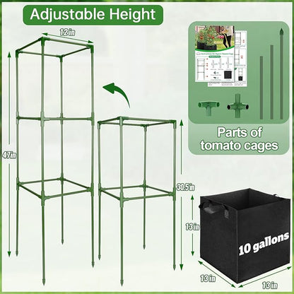 ANPHSIN 2 Sets Tomato Cages with 10 Gallon Grow Bags - 47'' Stable Plant Support Trellis Kit, Square Cages with Planter Pots for Garden Flowers Vegetables Cucumber Vertical Climbing Plants Vines