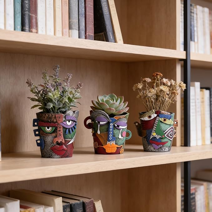 Funny Abstract Art Face Mini Planter Pots Set of 3, Unique & Colorful Hand-Painted Resin Succulent Pots for Indoor Decor, Shelf, Desk, Windowsill