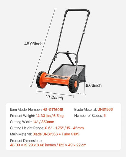 VEVOR Push Reel Lawn Mower 14 inch, 5 Blades Manual Push Mower No Motor, 0.6-1.75 in Adjustable Cutting Height, Walk-Behind Lawn Mowers with Grass Catcher Bag for Green Lawns, Driveways, Courtyards