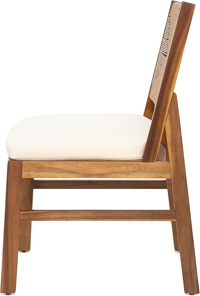 Christopher Knight Home Alan Outdoor Dining Chairs Set of 2, Wicker Woven Back Dining Chairs, Cushion Armless Chair, Hourglass Shaped Design Back, Acacia Wood Chair for Poolside Garden, Teak+Cream