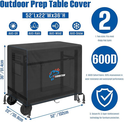 SIRUITON Outdoor Bar Cart Cover for 52 Inch BBQ Food Prep Table, Heavy Duty 600D Oxford Fabric Outdoor Dining Cart/BBQ/Worktable Metal Movable Table Waterproof Cover