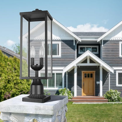 Outdoor Post Light Fixture, 20 Inch Tall Modern Exterior Square Pillar Lantern with Black Finish & Clear Glass, Transitional Pier Mount Lamp, Pole Light for Garden, Backyard, Patio, Pathway