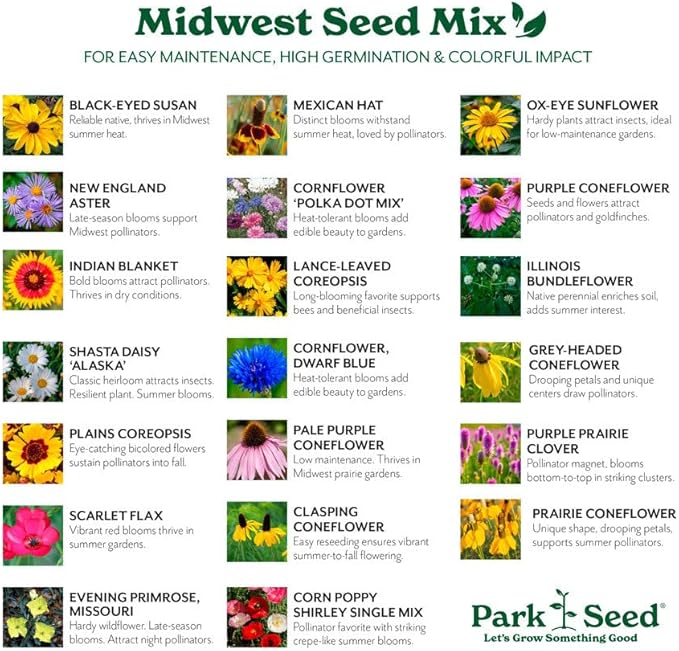 Park Seed Grow Your Own Vibrant Annual and Perennial Wildflower Garden Seeds Mixture, Easy to Grow Varieties for Pollinators and Spring Gardens - Midwest Regional Mix, 1/4 lb