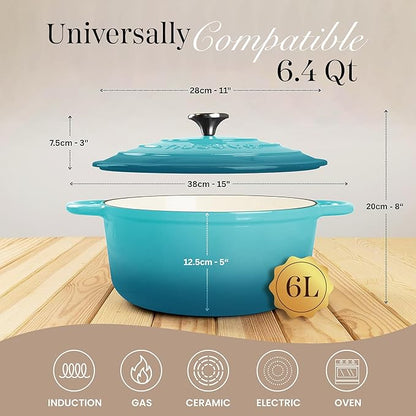 Nuovva Enamelled Cast Iron Dutch Oven Pot with Lid-6.4 Quart Non Stick Casserole Pot-Heavy Duty & Oven Safe up to 500° F for Bread Baking, Braising, Stews, Roasting - 28cm Teal
