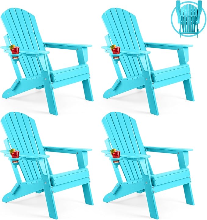 FUNBERRY Folding Adirondack Chair Set of 4, All Weather HDPE Fire Pit Chairs with Cup Holder for Outdoor