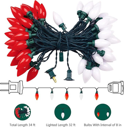 HAYATA Red&White C9 Big Bulbs Classic Christmas Lights 50 LED 32ft Strawberry Light - Waterproof Green Wire Fairy Lights, for Indoor Outdoor Home Yard Xmas Tree Decorations (Red White - 50LED)