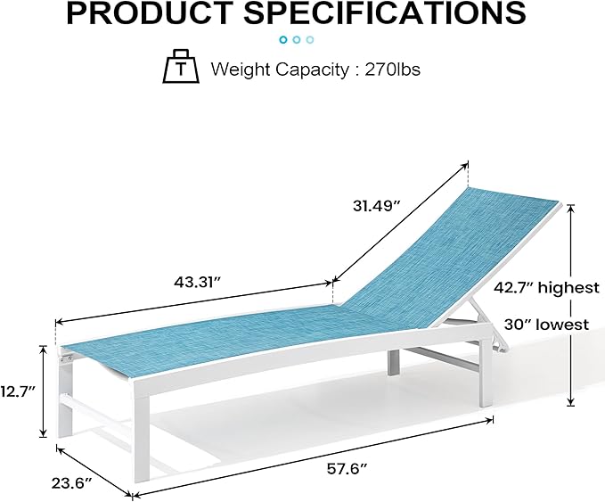 Crestlive Products Lounge Chair Outdoor Set of 2, Aluminum Pool Chaise Lounge Chairs, Adjustable Five-Position Tanning Recliner, All Weather for Patio, Beach, Yard, Pool (Blue)