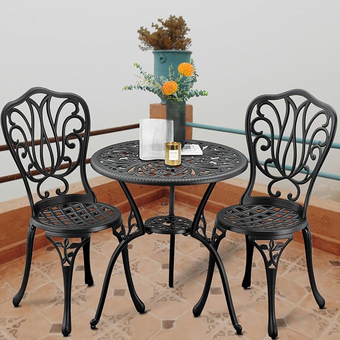 3-Piece Outdoor Bistro Set Cast Aluminum Patio bar Set with Umbrella Hole, Balcony, Backyard(Black, Butterfly)