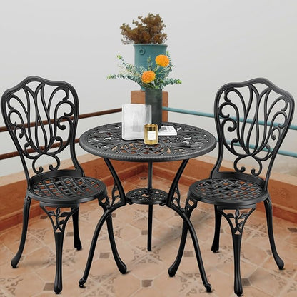 3-Piece Outdoor Bistro Set Cast Aluminum Patio bar Set with Umbrella Hole, Balcony, Backyard(Black, Butterfly)