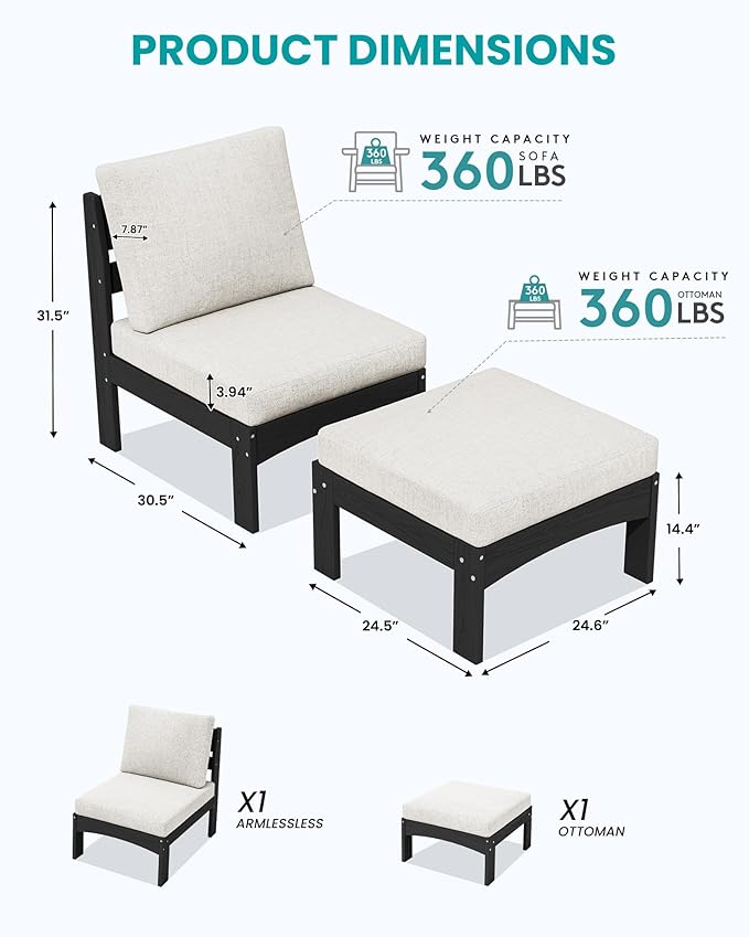 SERWALL 2 Pieces Patio Conversation Set, All-Weather HDPE Outdoor Sofa with Removable Cushions and Ottoman, Modular Design Converts to Chaise Lounge, Porch, Poolside, Black Frame with Khaki Cushion