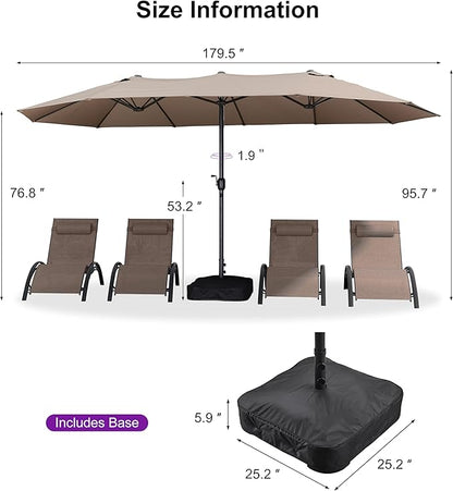 PURPLE LEAF 15ft Patio Market Umbrella with Base Double-Sided Rectangle Outdoor Table Sun Umbrellas with Crank 12 Heavy Duty Sturdy Ribs for Pool Beach Deck Backyard Taupe