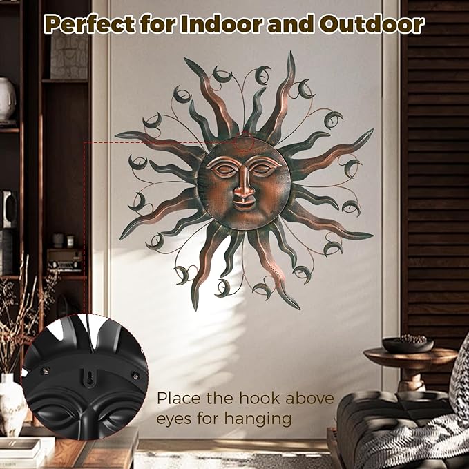 VESTCDF Outdoor Metal Wall Art Metal Sun 28" Metal Wall Art Sun Outdoor,Large Wall Decorations for Garden, Sun Wall Art Metal Sun Face Art (Moon)