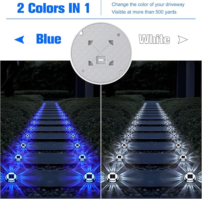 VOLISUN Solar Driveway Deck Lights Dock Marine Lights,16 Pack Solar Ground Light 2 Colors in 1 led Waterproof,Driveway Marker Light for Pathway Warning Step (White/Blue)