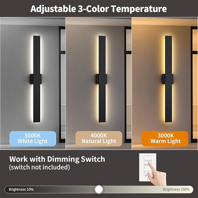 2 Pack LED Modern Outdoor Wall Lights Dimmable 3-Color Temperature 70.8in Exterior Lighting Fixtures IP65 Waterproof Outside Lights for House Hallway Garage Patio