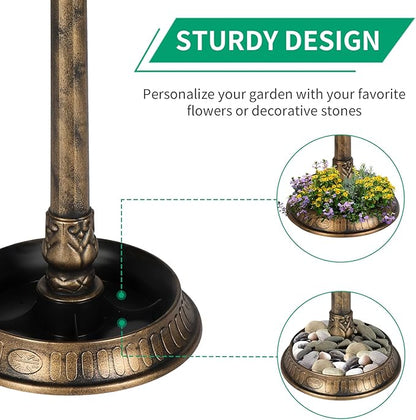 Outvita Outdoor Bird Bath, Garden Bird Baths Decorations with Solar-Powered Lamp and Resin Pedestal Flower Planter Base Bird Feeder for Yard Patio