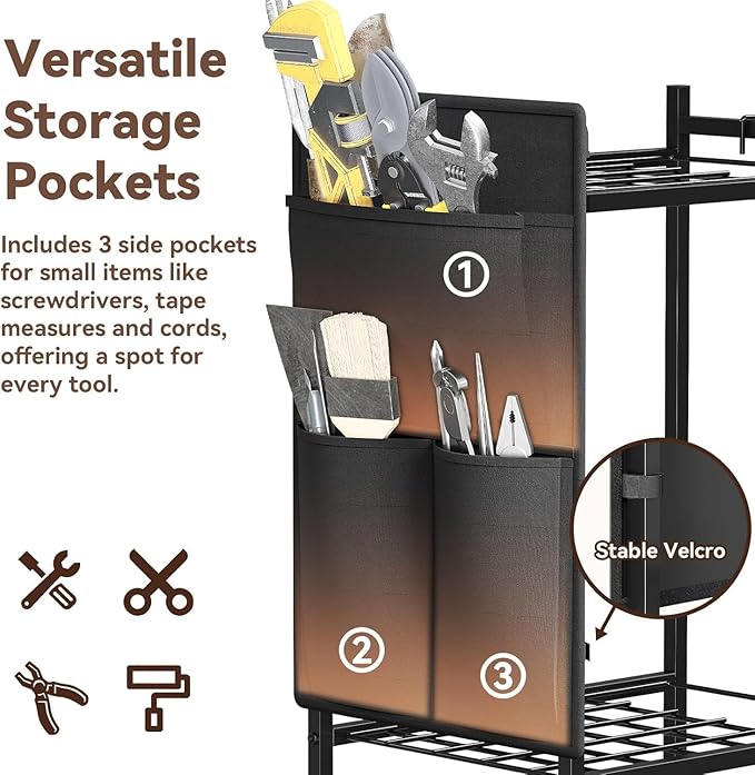 Garden Tool Organizer with Wheels, Rolling Yard Tool Tower Rack Carts for Garage Organization with Large Tool Bags with Pockets, Up to 35 Long-Handled Tools/Rakes/Brooms for Shed, Outdoor, Black