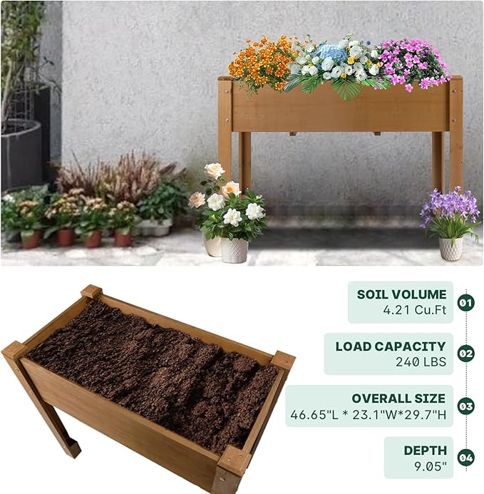 Raised Garden Bed Outdoor, Wooden Planter Boxes with Legs Protective Liner & Drainage Holes, Elevated Garden Flower Beds for Backyard Balcony, Gift for Gardening & Mother,46.65'' X 23.11'' X 29.72''