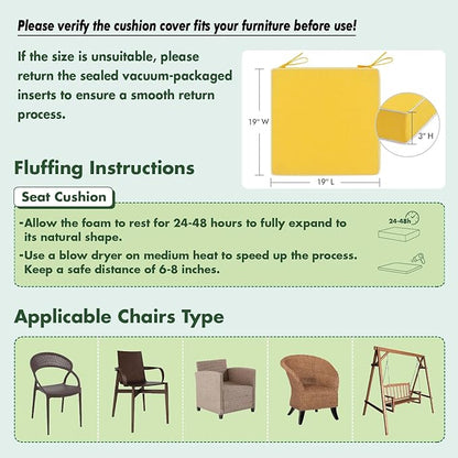 MIULEE Yellow Outdoor Chair Cushions Set of 2, 19x19x3 Inch Waterproof Patio Seat Cushions for Outdoor Furniture Couch Sofa, 3 Year Color Fastness High Density Foam with Adjustable Ties